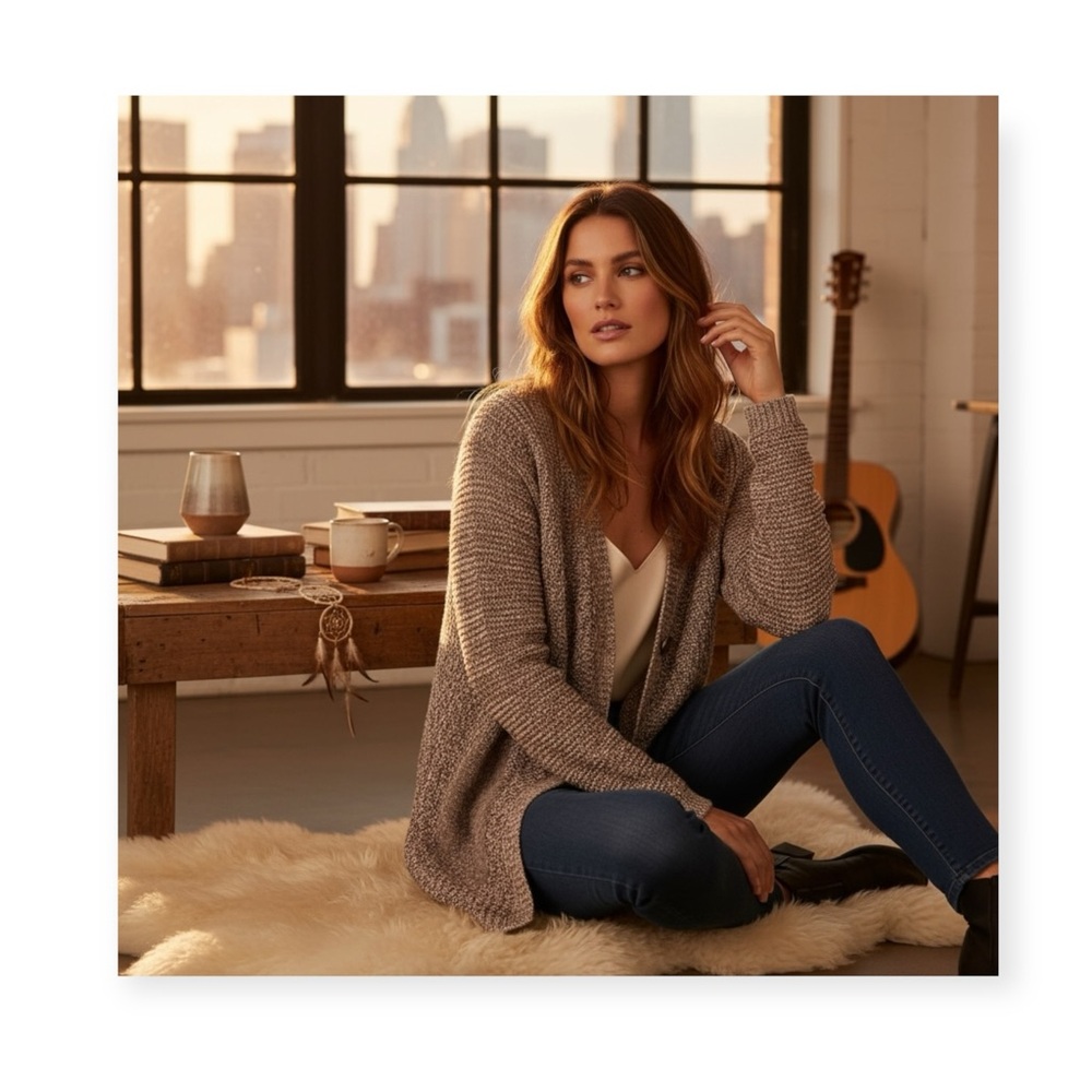 Joan Vass ༄ Cozy Longline Textured Knit Cardigan Sweater ༄ Marled Black Cream M